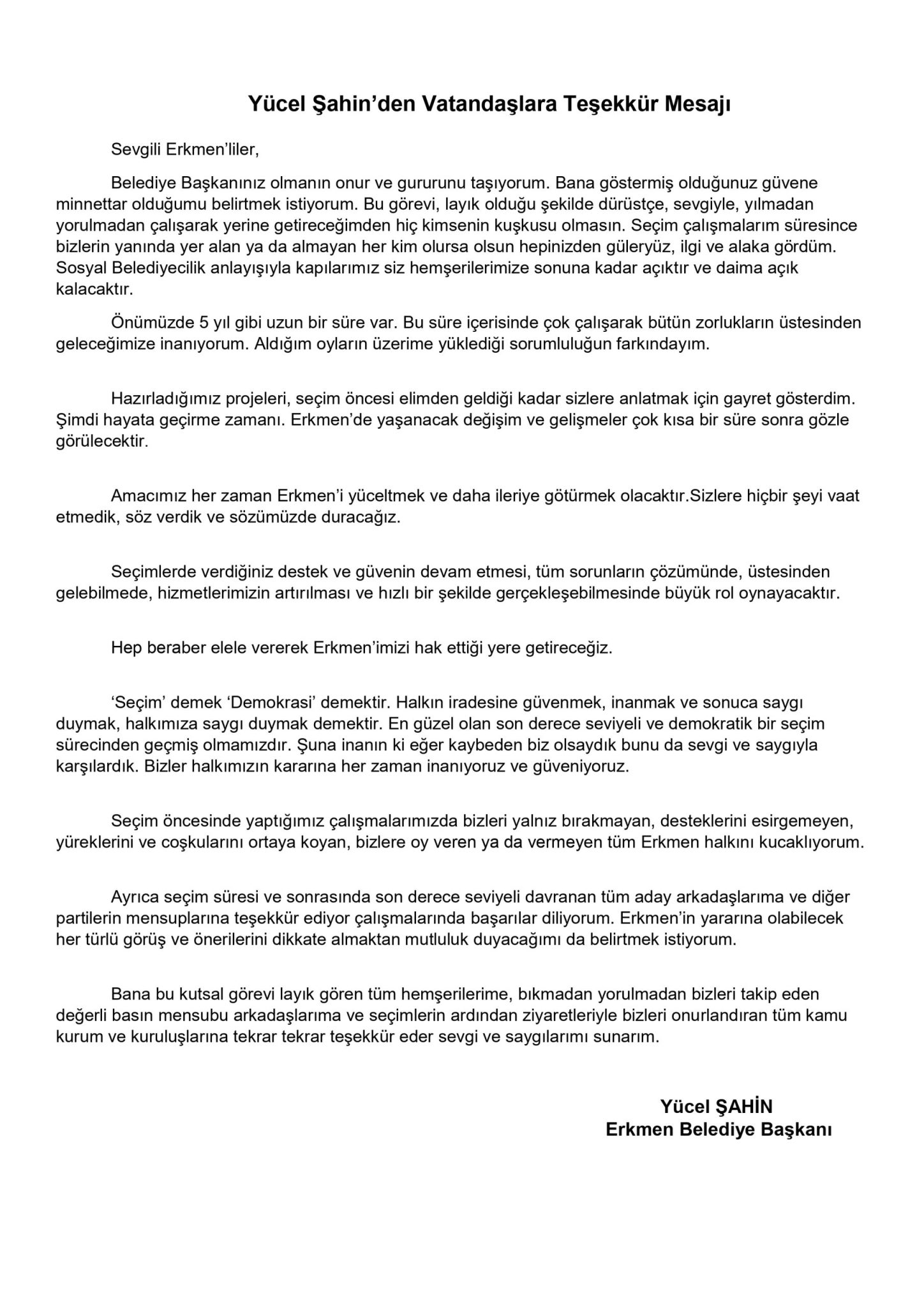 Ycel ahinden Vatandalara Teekkr Mesaj